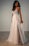 Brautkleider für die Braut Langes Spitzenapplikations-Tüll-Brautkleid Boho-Strandhochzeitskleid weißes Kleid Maßgeschneiderte Brautkleider 