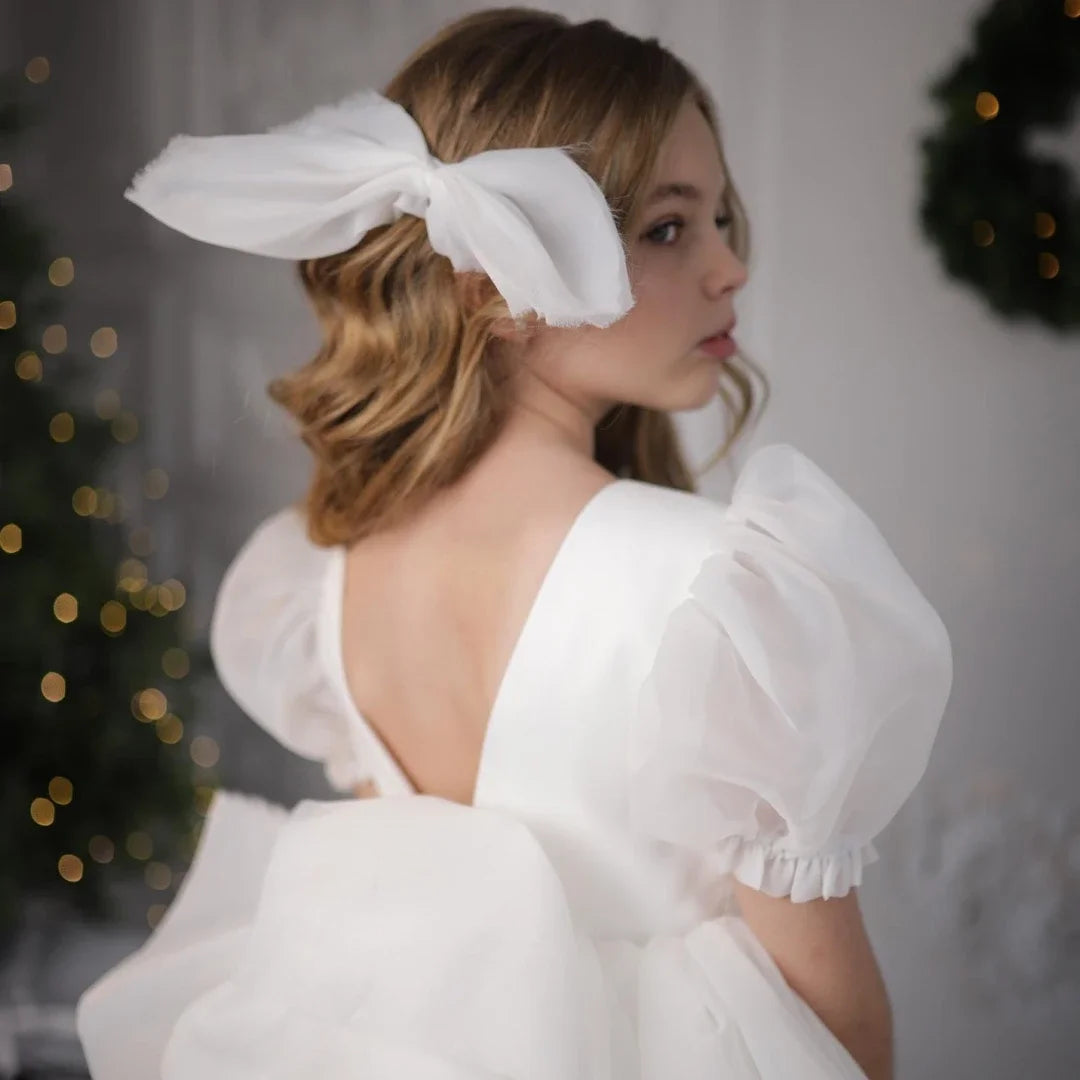 Vestidos de organza blanca de tul con lazo y manga corta para bodas, cumpleaños, bailes, banquetes, comuniones, personalizados. 