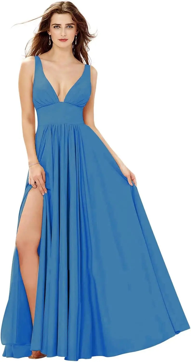 Elegant Women's Long Chiffon Bridesmaid Dresses Deep V-Neck Sleeveless Slit Formal Evening Party Gowns prom dresses