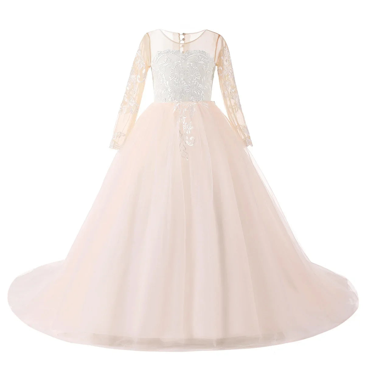 Vestido de tul rosa claro con apliques blancos y manga larga para boda, fiesta de cumpleaños, comunión, personalizado, para niña de las flores 