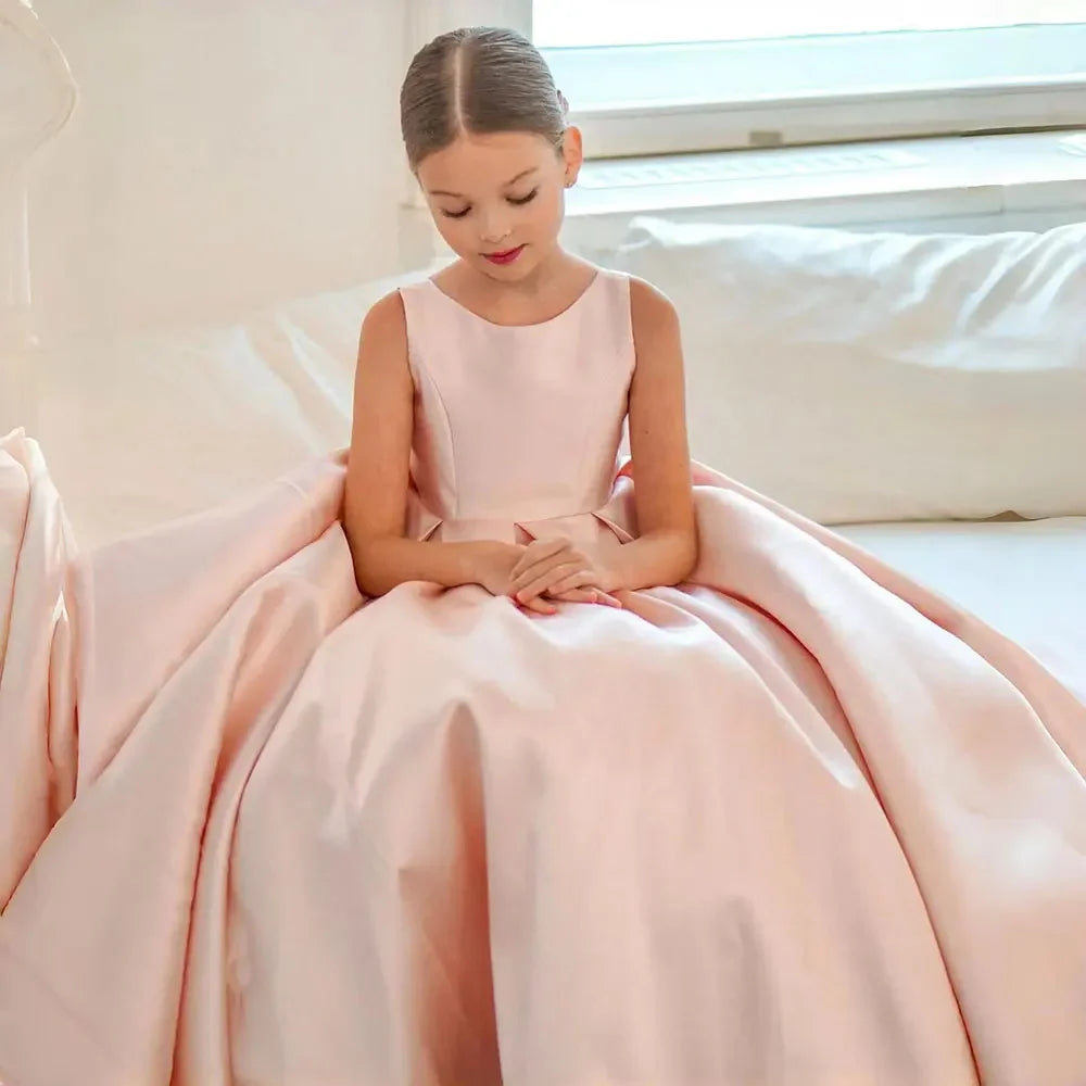 Rosa Blumenmädchen Prinzessin Kleider Festzug Kleid für Hochzeit Satin Schleife Ärmellos Kinder Baby Geburtstagsfeier Erstkommunion Kleider 