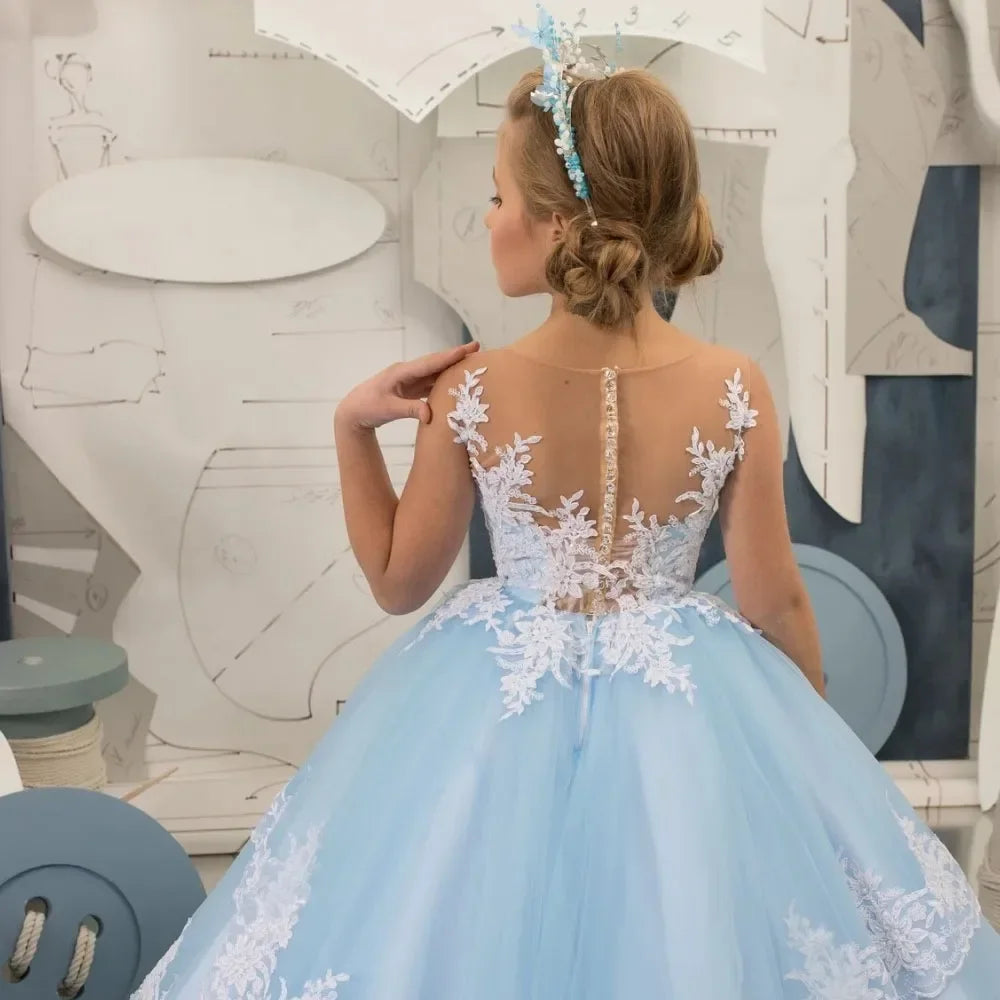 Floor Length Customized First Communion Dresses Birthday Ball Gowns Light Blue Flower Girls Dresses For Weddings Lace Appliques