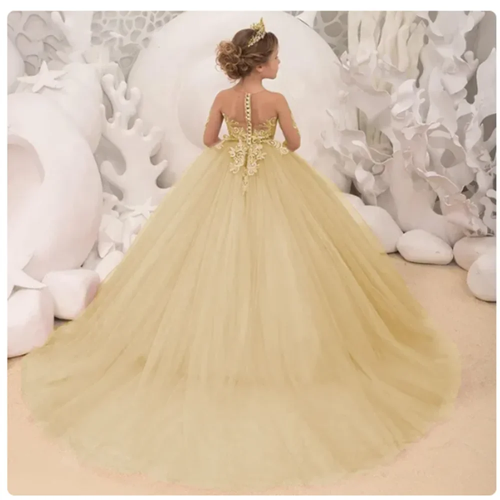 Vestido de princesa con mangas largas y apliques para bodas, de 2 a 14 años, personalizado, sencillo, para niñas de las flores. 