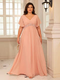 Plus Size Short Sleeves Mother of The Bride Dresses for Curvy Women V Neck Formal Dresses with Pockets Bridesmaid Dress Gowns