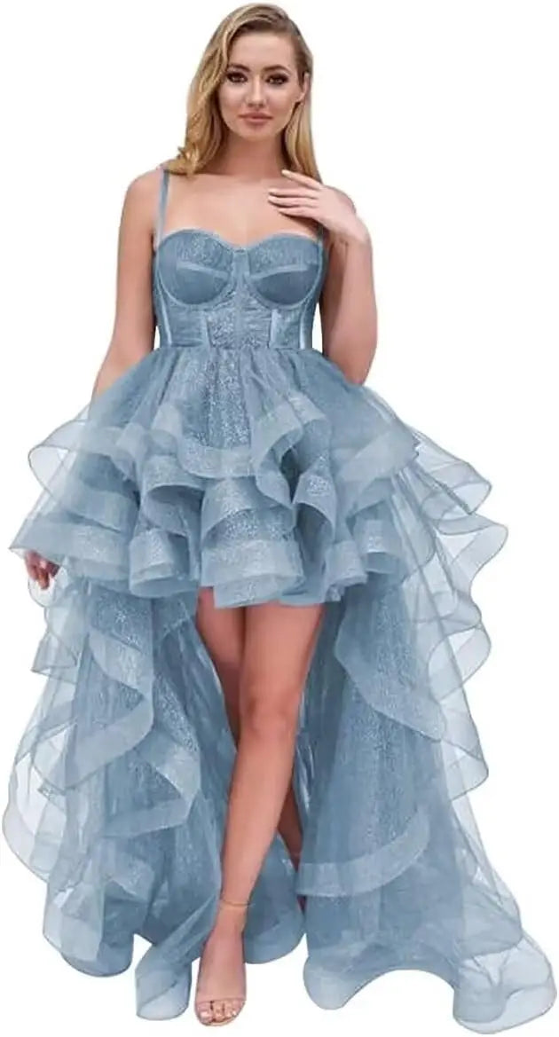 Vestido de fiesta corto de tul con tirantes finos y volantes 2025, vestidos de fiesta altos y bajos para adolescentes, vestido de graduación 