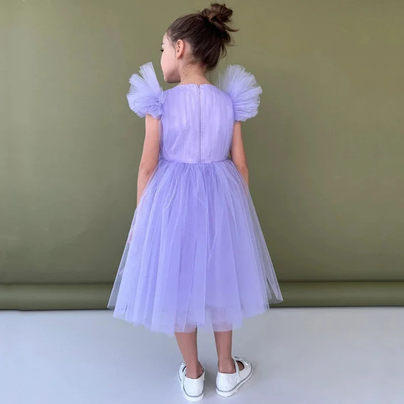 Lila Tüll Puffy mit Reißverschluss Kurzarm für Hochzeit Geburtstag Party Bankett Heilige Kommunion Kleider Blumenmädchenkleider 