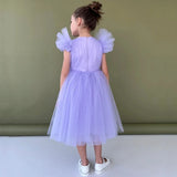 Lila Tüll Puffy mit Reißverschluss Kurzarm für Hochzeit Geburtstag Party Bankett Heilige Kommunion Kleider Blumenmädchenkleider 
