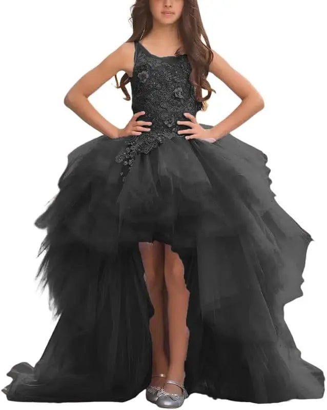 Blumenmädchenkleid für Mädchen, hoch und niedrig, Festzugskleider, gestufte Tüllapplikationen, Prinzessin, formelle Party, Ballkleid, Festzug für Mädchen 