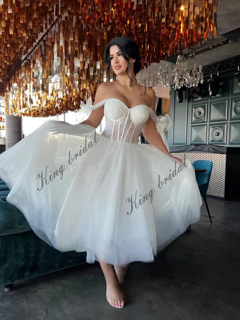 Vestidos de novia cortos de playa de tul con encaje, vestido de novia sencillo, vestido de novia blanco para mujer 2025 