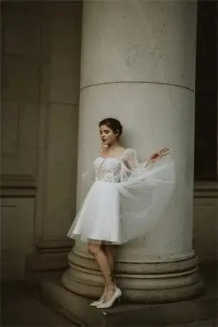 Langärmliges Tüll-Heimkehrkleid, kurzes Brautkleid, herzförmiger Ausschnitt, Spitzenapplikation, Ballkleider für Teenager, Cocktailkleid 