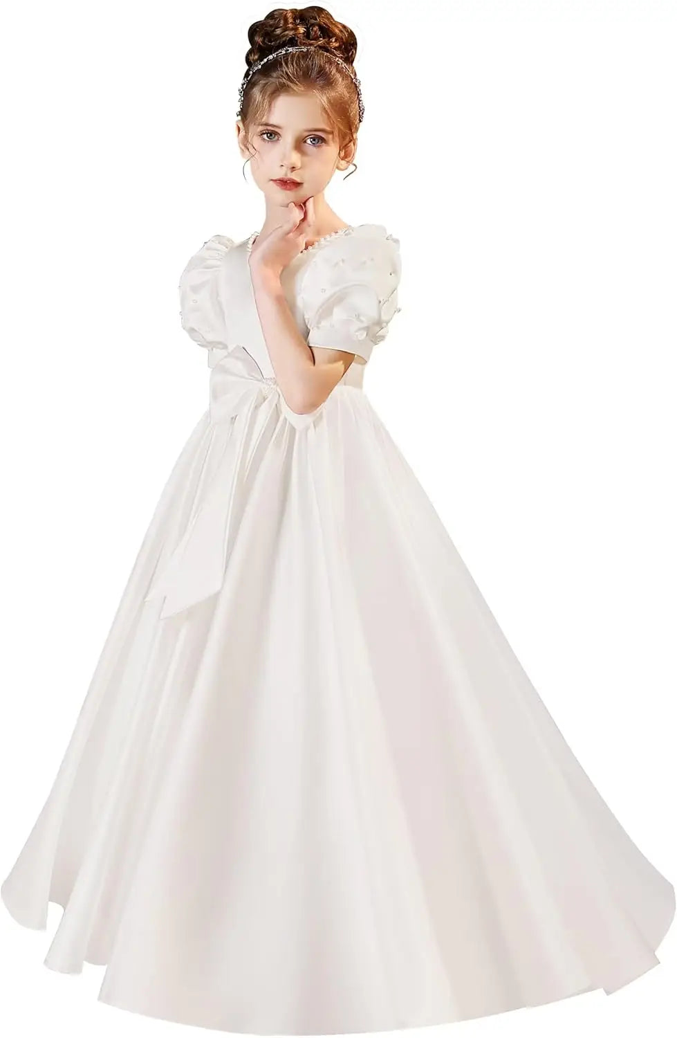 Satin First Communion Dress Flower Girl Dresses for Wedding Pearls Princess Pageant Dress with Bow-Knot