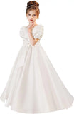 Satin First Communion Dress Flower Girl Dresses for Wedding Pearls Princess Pageant Dress with Bow-Knot