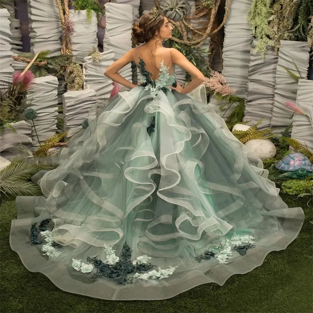 Princess Birthday Pageant First Communion Gown Green Elegant Flower Girl Dresses Fluffy Wedding Party Appliques Beads Flowers