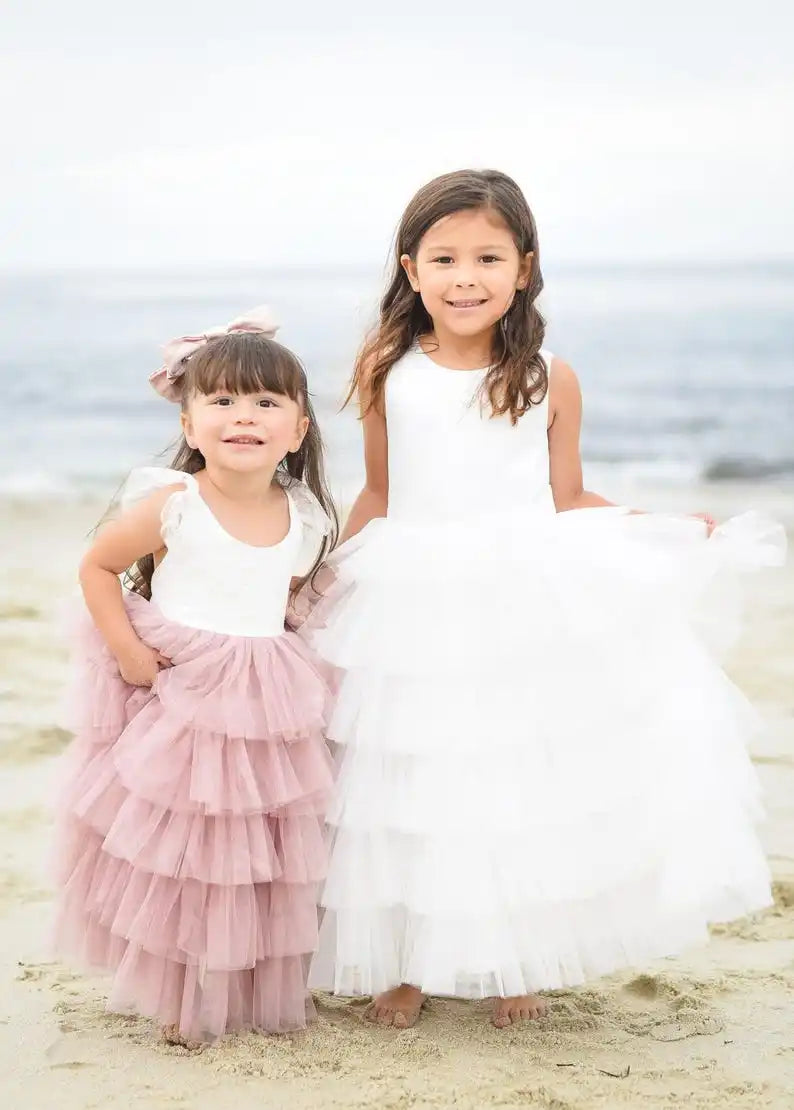 Vestido blanco para niña de flores para bebés, niñas y niñas, top sin mangas de satén y tul en capas con lazo grande en la espalda, vestido dulce 