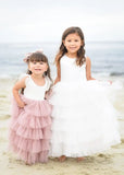 Vestido blanco para niña de flores para bebés, niñas y niñas, top sin mangas de satén y tul en capas con lazo grande en la espalda, vestido dulce 