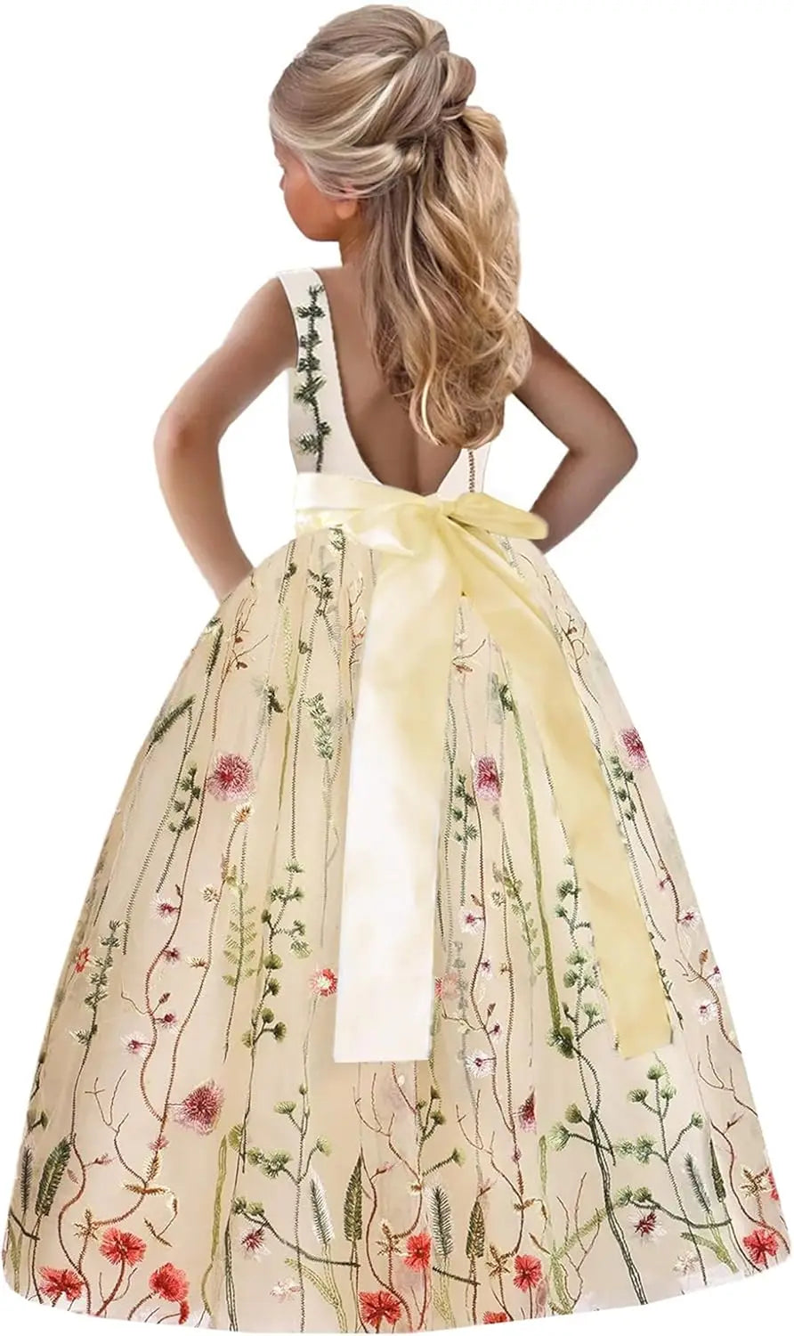 3D Flower Applique Floral Fairy Embroidered Overlay Strap Tie Tulle One Shoulder A-Line Flower Girl Dress princess dress