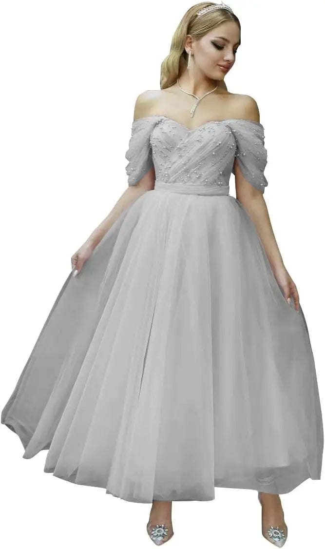 Vestido de fiesta de tul hasta la rodilla con hombros descubiertos para mujer, escote corazón, cuentas, abullonado, estilo princesa adolescente. 