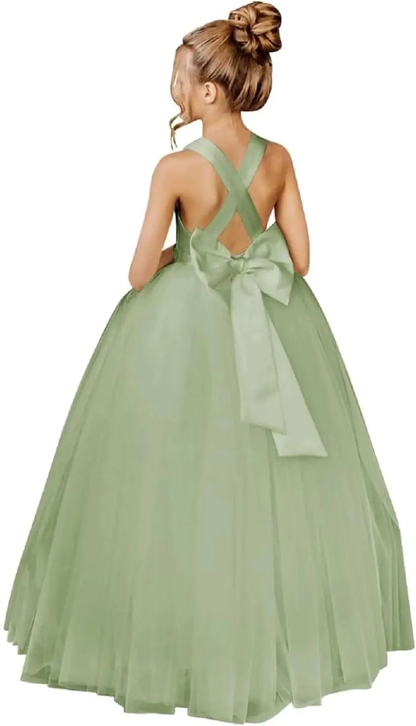 Crossed Straps Flower Girl Dress Satin Long Prom Dress with Bow Puffy Tulle Pageant Dresses for Girls princess dress