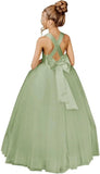 Crossed Straps Flower Girl Dress Satin Long Prom Dress with Bow Puffy Tulle Pageant Dresses for Girls princess dress