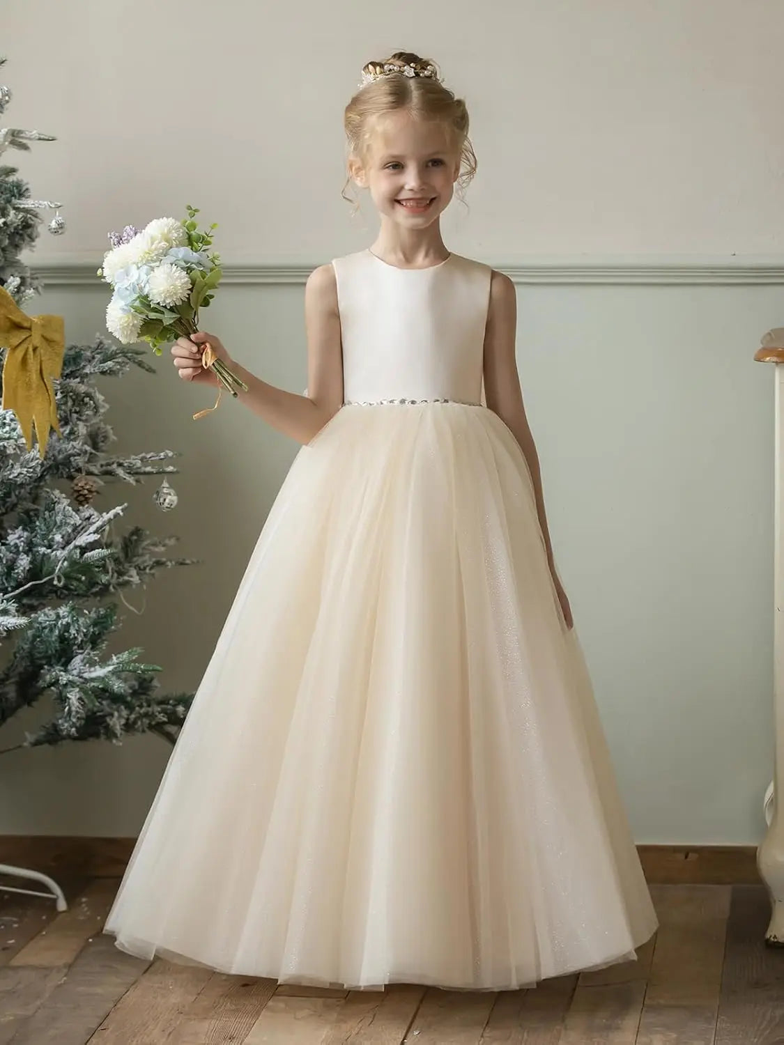 Flower Girl Dresses for Wedding Puffy Satin Tulle Princess Pageant Dress for Girls Crew Neck Tulle Bow Prom Ball Gowns