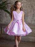 Pink Tulle Satin With Bow Sleeveless For Wedding Birthday Party Banquet First Communion Gowns Flower Girl Dresses