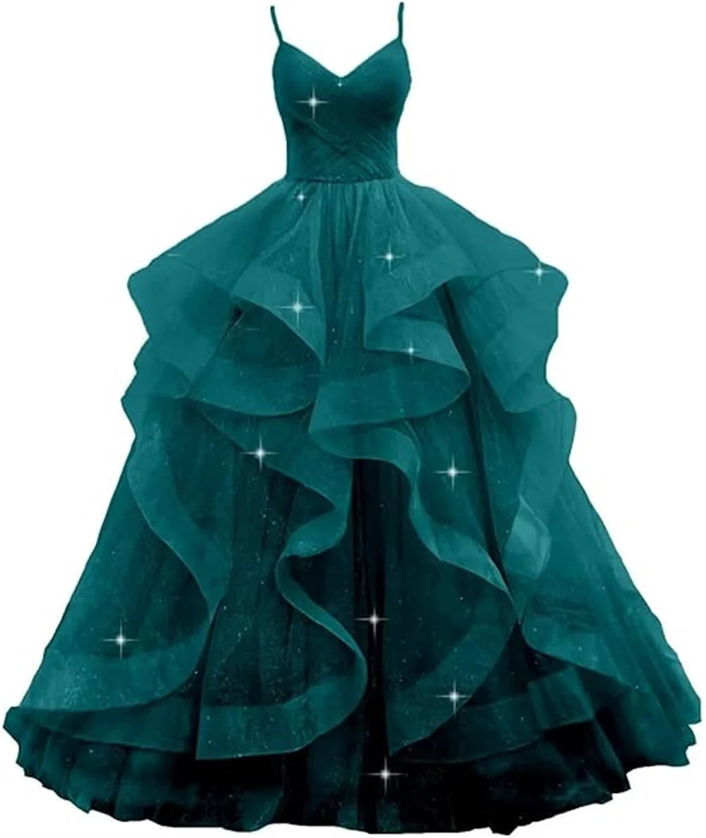 Customized V Neck Glitter Tulle Long Prom Dresses Spaghetti Straps Ball Gown For Women Puffy Tiered Formal Evening Party Dresses