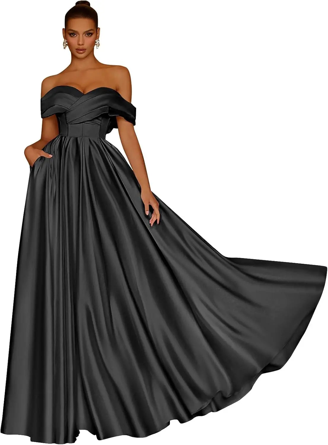 Damen Schulterfreies Satin-Ballkleid, lang, V-Ausschnitt, A-Linie, formelles Abendkleid mit Taschen, Ballkleid 