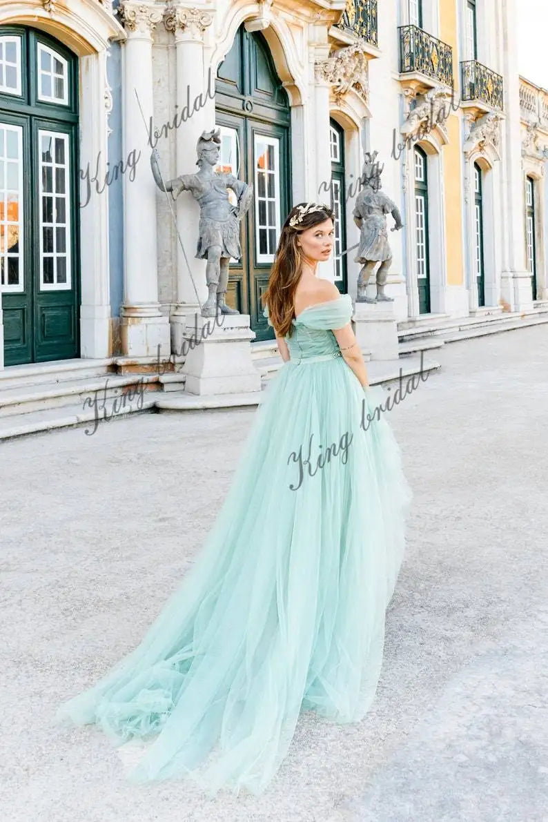 Vestido de novia con hombros descubiertos Vestido de novia color menta pastel de tul completo Vestido de noche con corsé drapeado Vestido de novia sin espalda 
