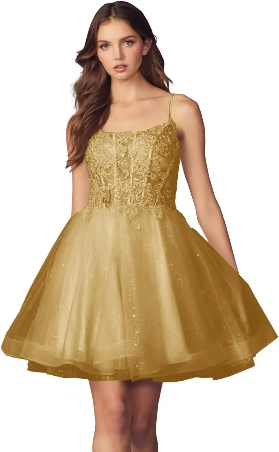 Kurzes Homecoming-Kleid mit Spitzenapplikationen aus Tüll für Teenager mit Spaghettiträgern, Cocktail-, Abschlussball- und Partykleider 