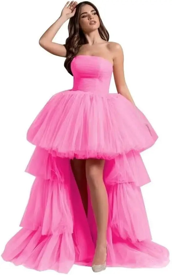 High Low Tüll Ballkleider Lange trägerlose gestufte Abendkleider A-Linie Abendkleid mit Schleppe Partykleider Damen Abend 