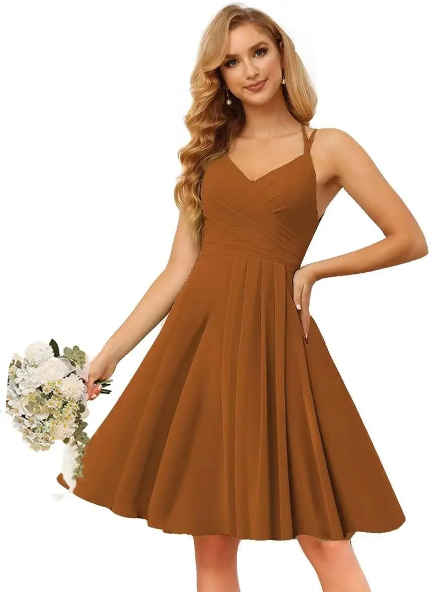 Chiffon V Neck Bridesmaid Dress with Pleated Bodice A Line Chiffon Short Prom Homecoming Dress for Women cocktail dresses