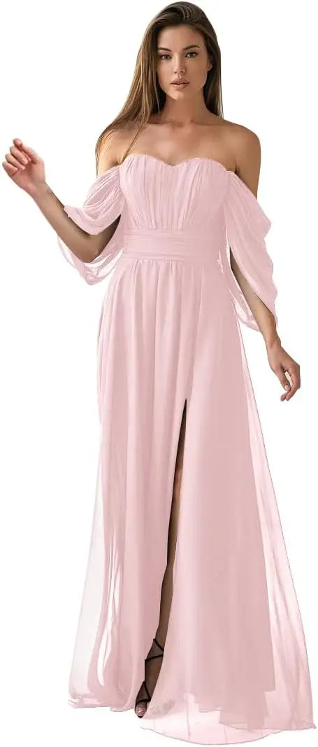 Vestido de dama de honor de talla grande con hombros descubiertos, de gasa, formal, con abertura, elegante, para invitada de boda 