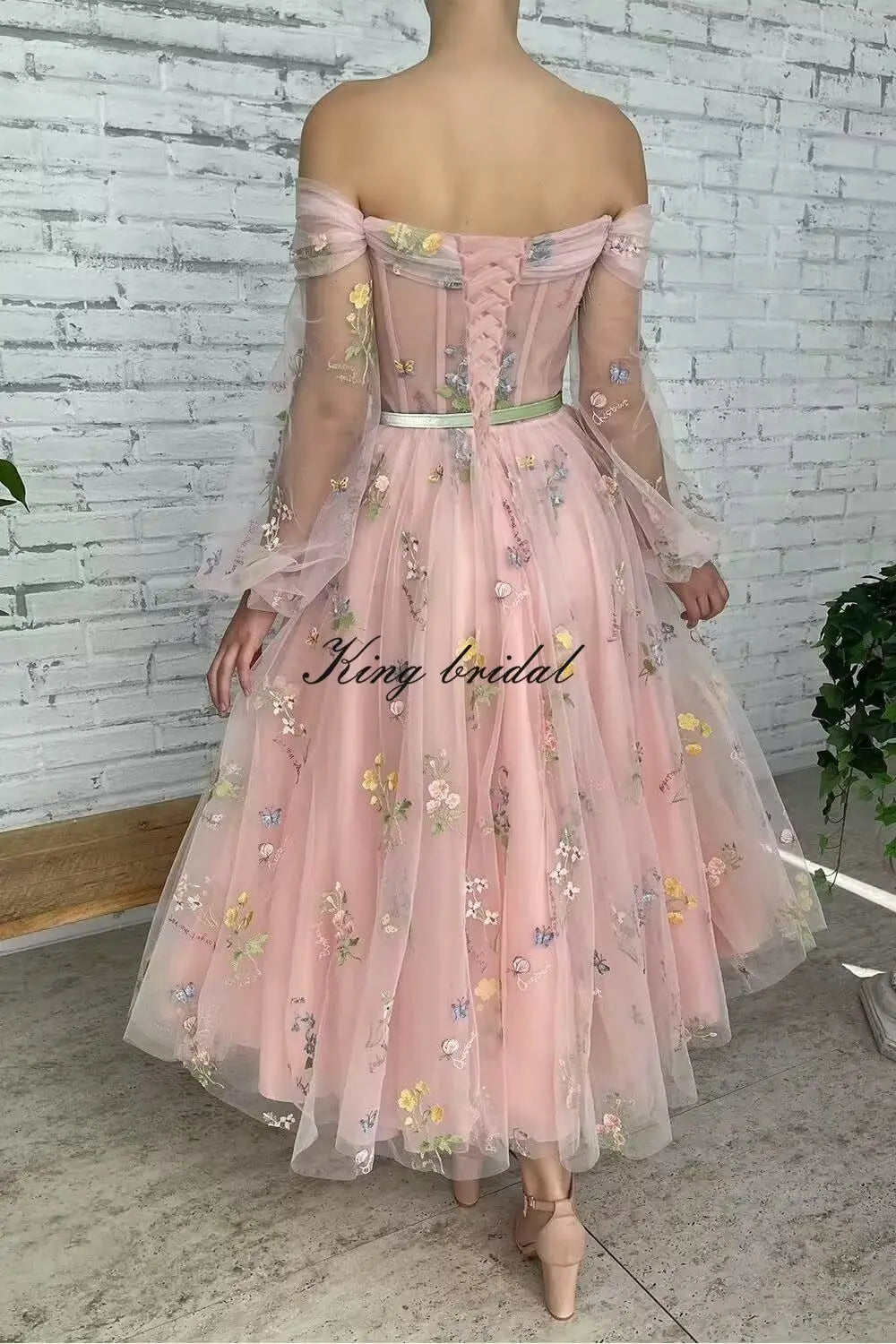Bridesmaid Dress Long Sleeve Flower Embroidery Lace Tulle Prom Dresses for Women A Line Fairy Maxi Formal Evening Party Gowns