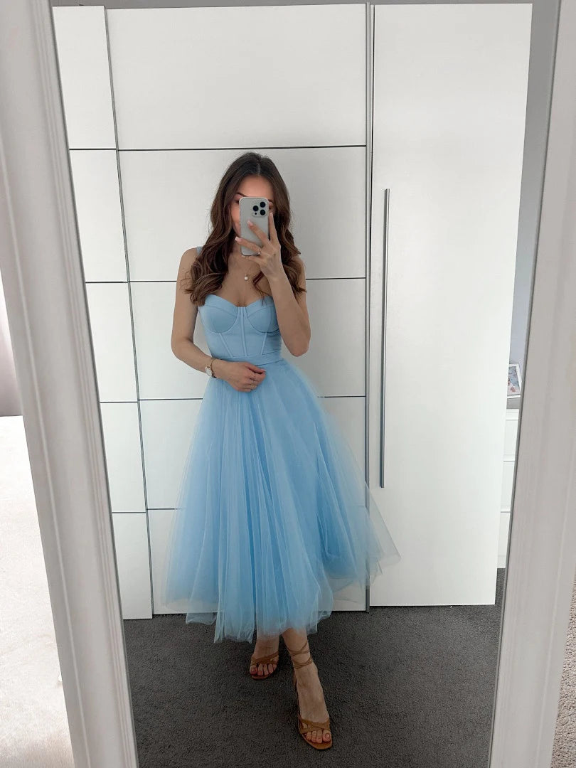 Tulle Tea-Length Prom Dresses High Quality Sweetheart Spaghetti Straps Party & Vacation Wear Elegant Plain A-line Evening Gowns