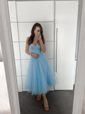 Tulle Tea-Length Prom Dresses High Quality Sweetheart Spaghetti Straps Party & Vacation Wear Elegant Plain A-line Evening Gowns