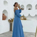 Vestido de dama de honor de manga larga para mujer, con tirantes finos, para invitada de boda, con abertura y bolsillos, vestido formal fruncido. 