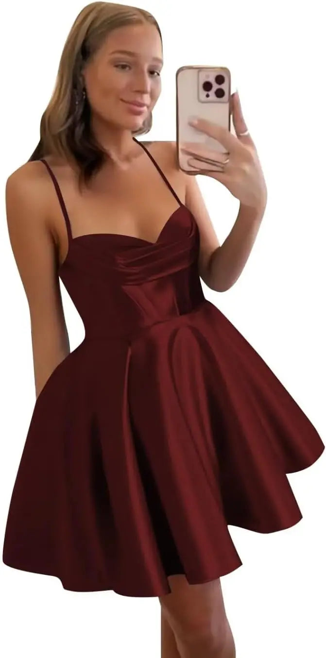 Spaghetti Straps Satin Homecoming Dresses for Women Short Halter Formal Prom Dresses with Pockets Graduation Mini Dress
