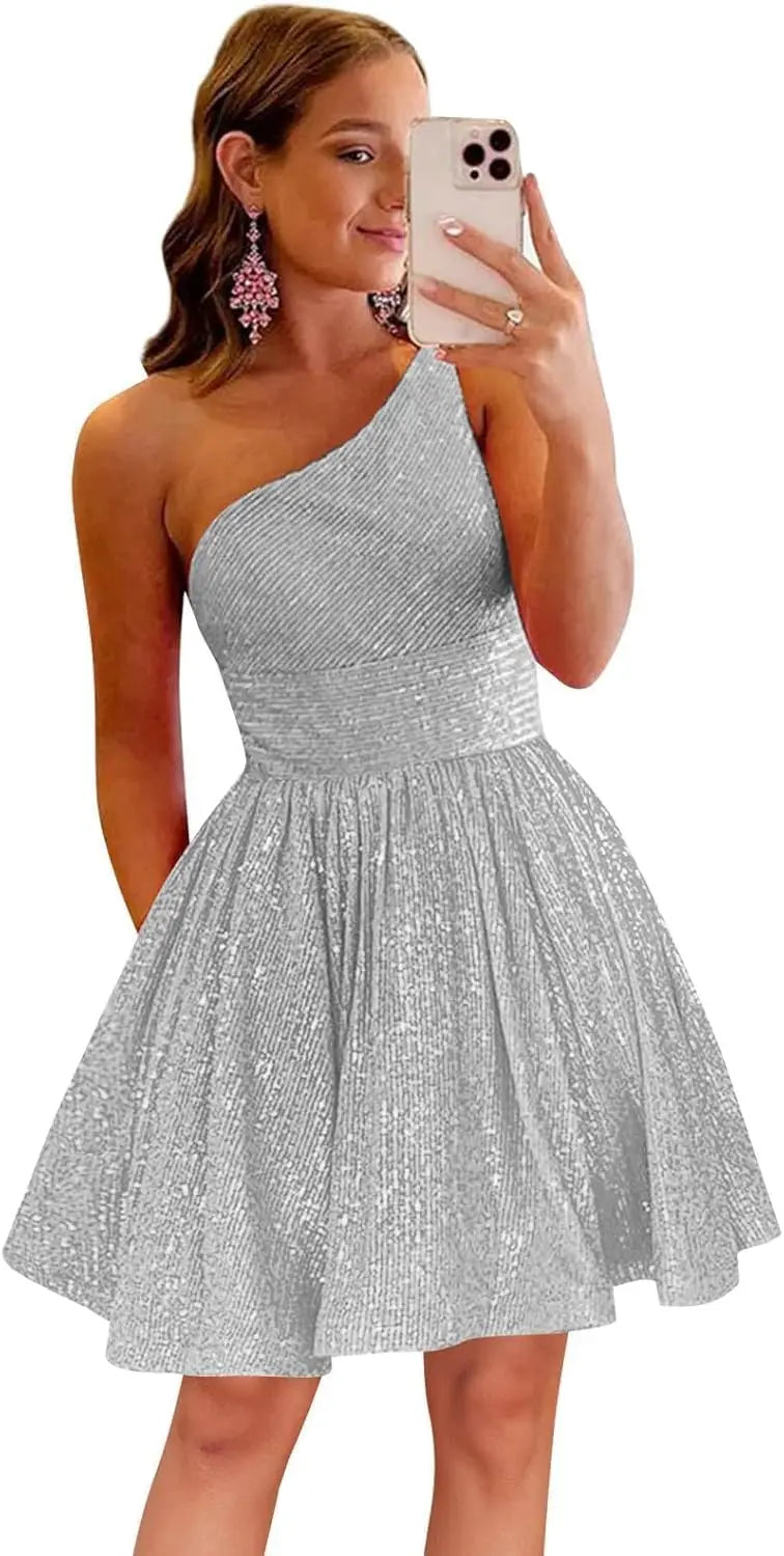 Vestido de fiesta corto con lentejuelas y un hombro brillante para mujeres y niñas. 