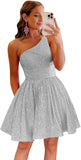 Vestido de fiesta corto con lentejuelas y un hombro brillante para mujeres y niñas. 