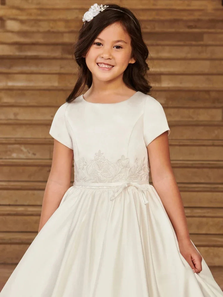 Vestidos de princesa con bordado floral de satén marfil y cinturón de lazo, de manga corta, para bodas, fiestas de cumpleaños, banquetes, vestidos de niña de las flores 