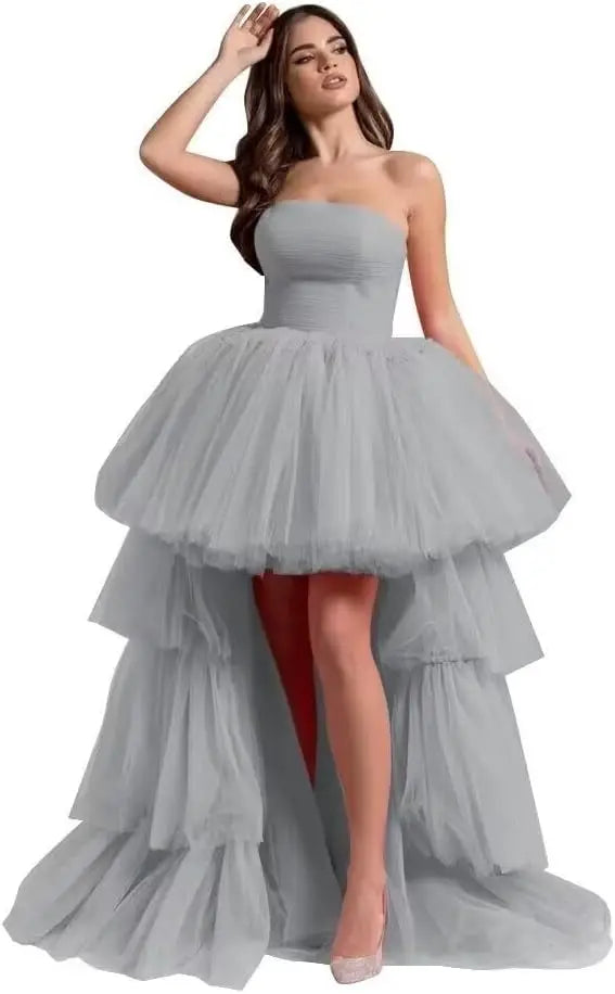 High Low Tüll Ballkleider Lange trägerlose gestufte Abendkleider A-Linie Abendkleid mit Schleppe Partykleider Damen Abend 