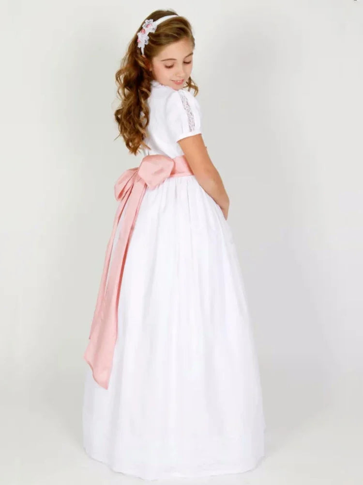 Vestido de princesa para niña de las flores, de satén blanco con encaje y lazo rosa, de manga corta, para bodas, fiestas de cumpleaños y banquetes. 
