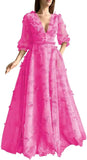 Damen Ballkleid mit Puffärmeln, 3D-Schmetterling, langer V-Ausschnitt, Tüll, Ballkleid, formelles Abendkleid 