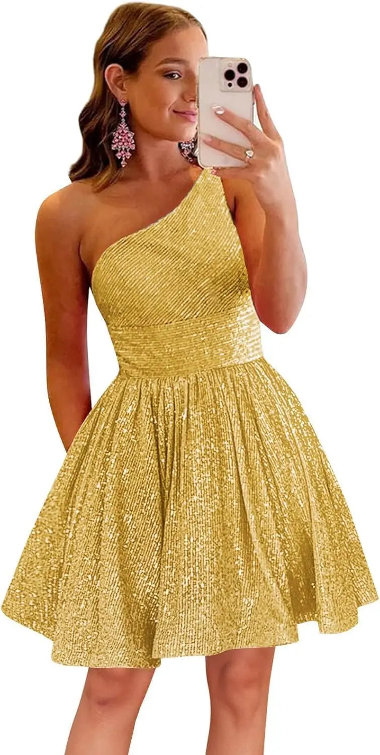 Vestido de fiesta corto con lentejuelas y un hombro brillante para mujeres y niñas. 
