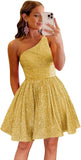 Vestido de fiesta corto con lentejuelas y un hombro brillante para mujeres y niñas. 