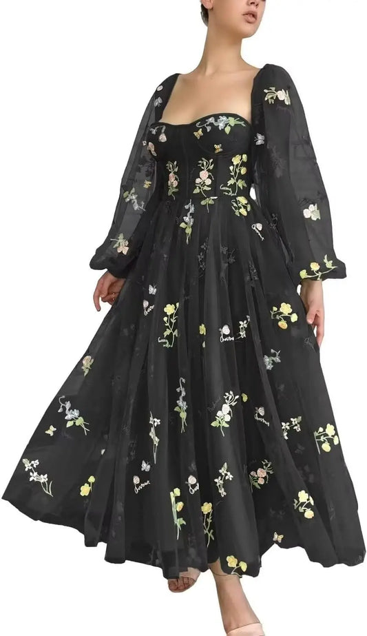 Vestido de fiesta de tul con bordado de flores y manga larga para mujer, hecho a medida, largo hasta la rodilla, corte A, estilo hada, vestido formal de noche para fiesta 
