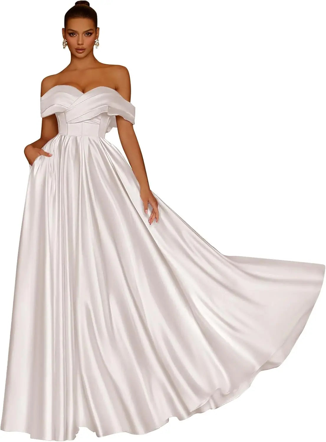 Damen Schulterfreies Satin-Ballkleid, lang, V-Ausschnitt, A-Linie, formelles Abendkleid mit Taschen, Ballkleid 
