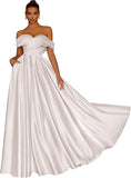 Damen Schulterfreies Satin-Ballkleid, lang, V-Ausschnitt, A-Linie, formelles Abendkleid mit Taschen, Ballkleid 