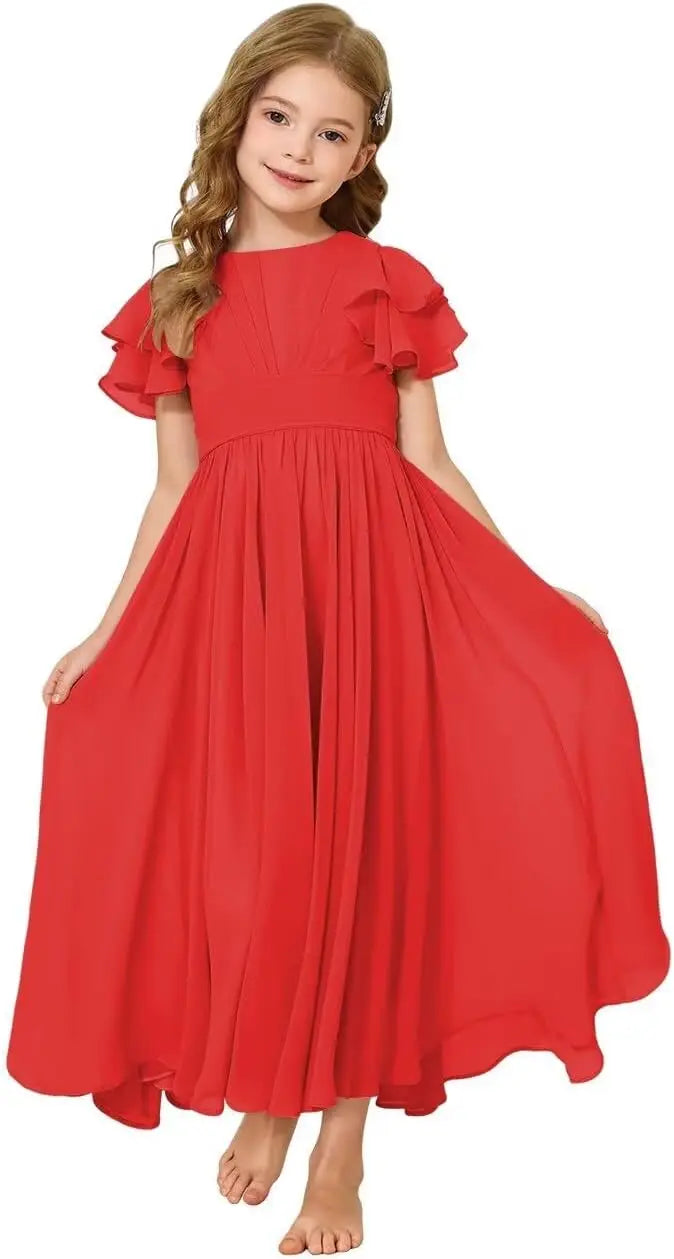 Flower Girl Maxi Dress for Wedding Bridesmaids Flowy Chiffon Teens Ruffle Sleeve Formal Party Pageant Gown princess dress