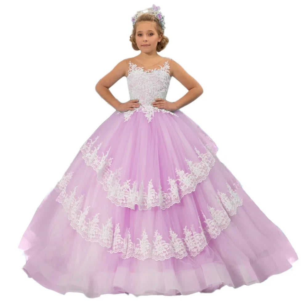 Vestido de princesa para banquete de fiesta de cumpleaños, personalizado, para niña de las flores, con apliques de encaje azul cielo y blanco, escalonado, sin mangas, para boda 